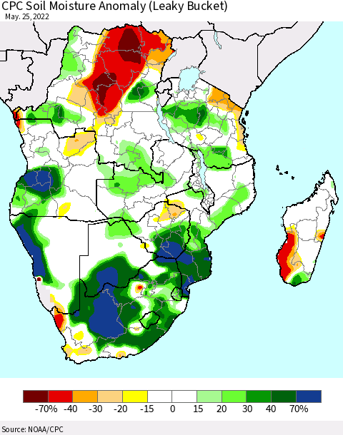 Southern Africa CPC Soil Moisture Anomaly (Leaky Bucket) Thematic Map For 5/21/2022 - 5/25/2022
