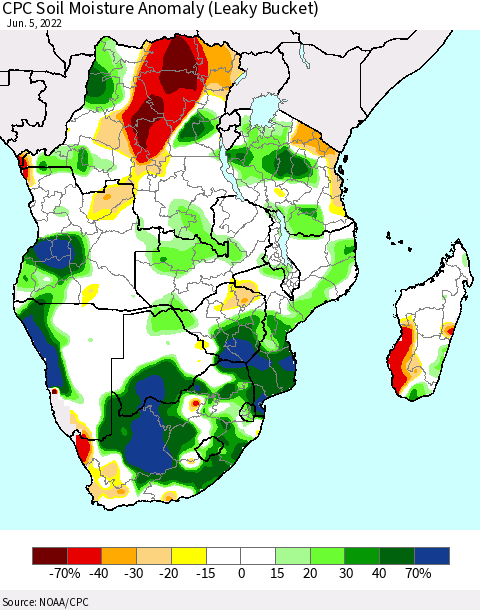 Southern Africa CPC Soil Moisture Anomaly (Leaky Bucket) Thematic Map For 6/1/2022 - 6/5/2022