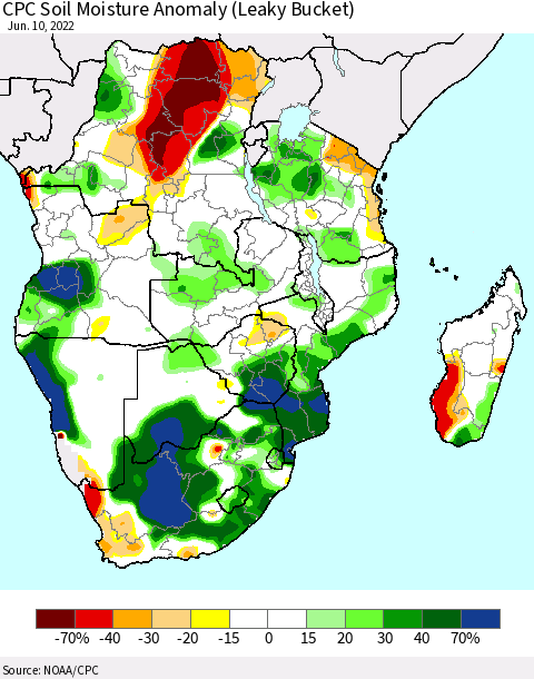 Southern Africa CPC Soil Moisture Anomaly (Leaky Bucket) Thematic Map For 6/6/2022 - 6/10/2022