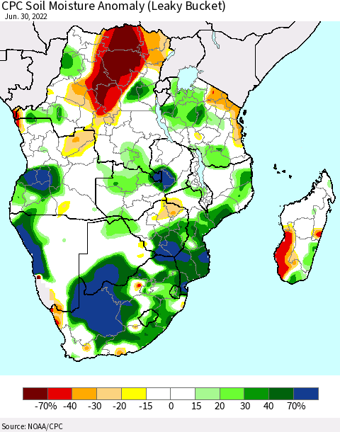 Southern Africa CPC Soil Moisture Anomaly (Leaky Bucket) Thematic Map For 6/26/2022 - 6/30/2022