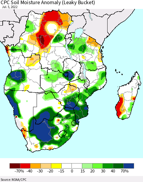 Southern Africa CPC Soil Moisture Anomaly (Leaky Bucket) Thematic Map For 7/1/2022 - 7/5/2022
