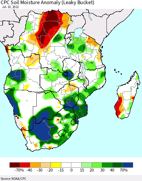 Southern Africa CPC Soil Moisture Anomaly (Leaky Bucket) Thematic Map For 7/6/2022 - 7/10/2022