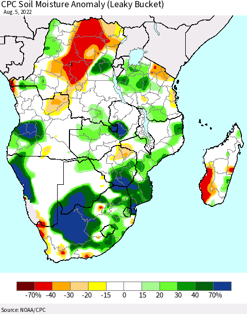 Southern Africa CPC Soil Moisture Anomaly (Leaky Bucket) Thematic Map For 8/1/2022 - 8/5/2022