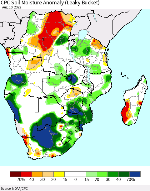 Southern Africa CPC Soil Moisture Anomaly (Leaky Bucket) Thematic Map For 8/6/2022 - 8/10/2022