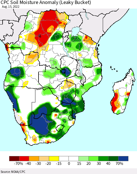 Southern Africa CPC Soil Moisture Anomaly (Leaky Bucket) Thematic Map For 8/11/2022 - 8/15/2022