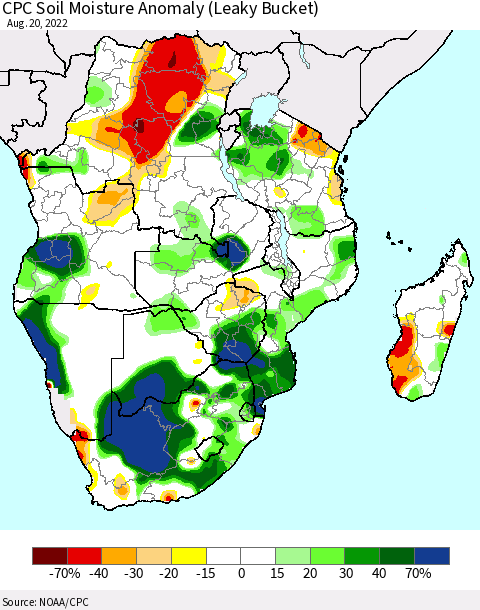 Southern Africa CPC Soil Moisture Anomaly (Leaky Bucket) Thematic Map For 8/16/2022 - 8/20/2022