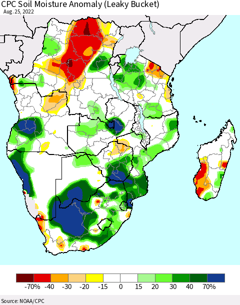 Southern Africa CPC Soil Moisture Anomaly (Leaky Bucket) Thematic Map For 8/21/2022 - 8/25/2022