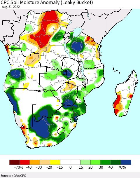 Southern Africa CPC Soil Moisture Anomaly (Leaky Bucket) Thematic Map For 8/26/2022 - 8/31/2022