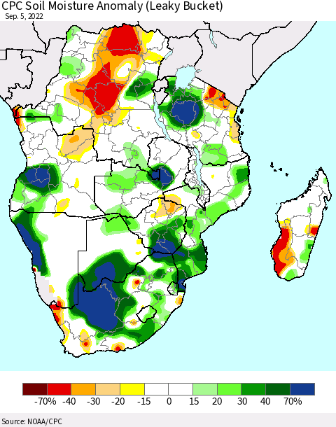 Southern Africa CPC Soil Moisture Anomaly (Leaky Bucket) Thematic Map For 9/1/2022 - 9/5/2022