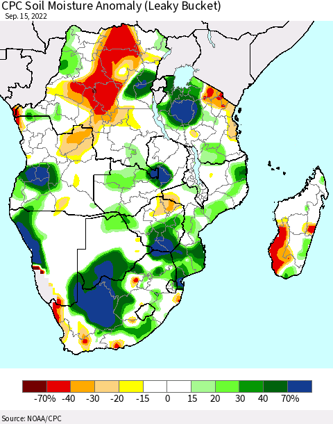 Southern Africa CPC Soil Moisture Anomaly (Leaky Bucket) Thematic Map For 9/11/2022 - 9/15/2022