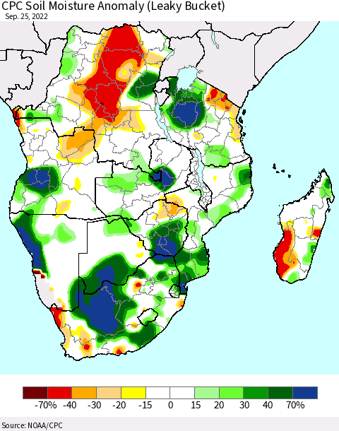 Southern Africa CPC Soil Moisture Anomaly (Leaky Bucket) Thematic Map For 9/21/2022 - 9/25/2022