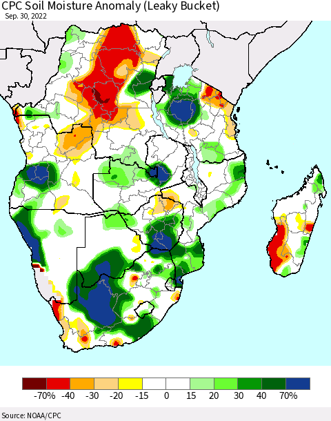 Southern Africa CPC Soil Moisture Anomaly (Leaky Bucket) Thematic Map For 9/26/2022 - 9/30/2022
