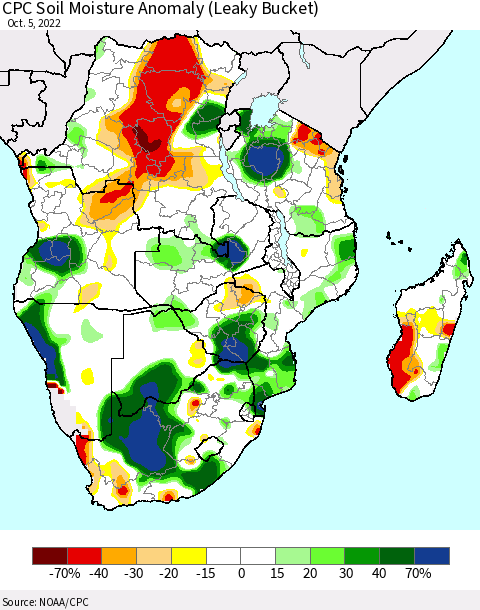 Southern Africa CPC Soil Moisture Anomaly (Leaky Bucket) Thematic Map For 10/1/2022 - 10/5/2022