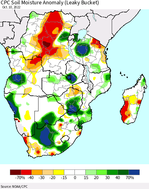 Southern Africa CPC Soil Moisture Anomaly (Leaky Bucket) Thematic Map For 10/6/2022 - 10/10/2022