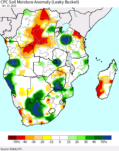 Southern Africa CPC Soil Moisture Anomaly (Leaky Bucket) Thematic Map For 10/11/2022 - 10/15/2022