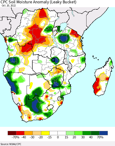 Southern Africa CPC Soil Moisture Anomaly (Leaky Bucket) Thematic Map For 10/16/2022 - 10/20/2022