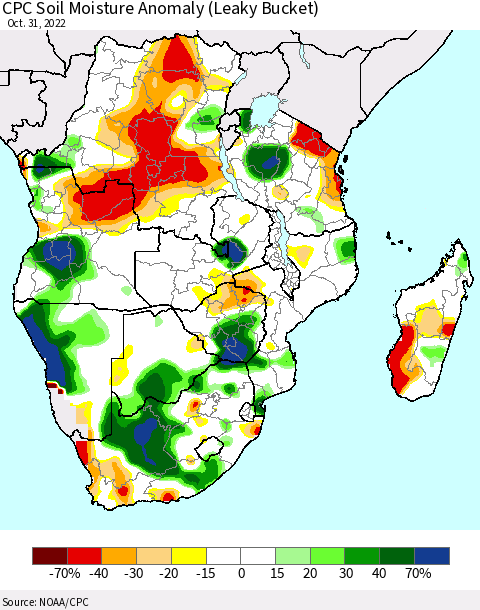Southern Africa CPC Soil Moisture Anomaly (Leaky Bucket) Thematic Map For 10/26/2022 - 10/31/2022
