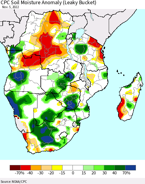 Southern Africa CPC Soil Moisture Anomaly (Leaky Bucket) Thematic Map For 11/1/2022 - 11/5/2022