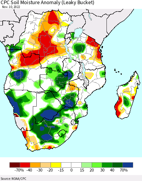 Southern Africa CPC Soil Moisture Anomaly (Leaky Bucket) Thematic Map For 11/6/2022 - 11/10/2022