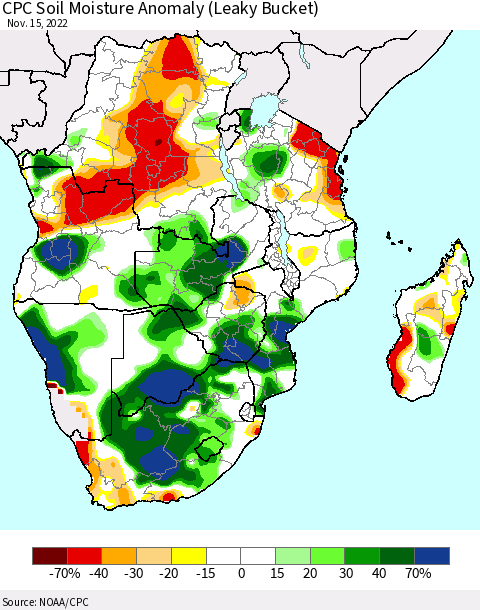 Southern Africa CPC Soil Moisture Anomaly (Leaky Bucket) Thematic Map For 11/11/2022 - 11/15/2022