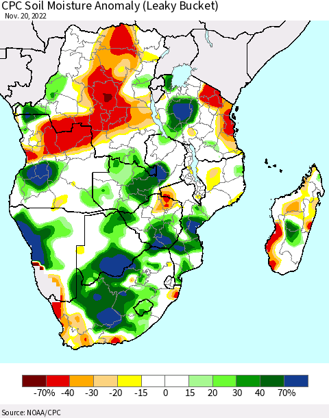 Southern Africa CPC Soil Moisture Anomaly (Leaky Bucket) Thematic Map For 11/16/2022 - 11/20/2022