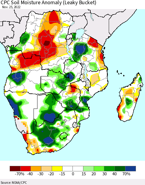 Southern Africa CPC Soil Moisture Anomaly (Leaky Bucket) Thematic Map For 11/21/2022 - 11/25/2022