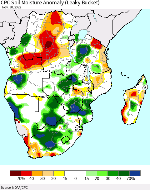 Southern Africa CPC Soil Moisture Anomaly (Leaky Bucket) Thematic Map For 11/26/2022 - 11/30/2022
