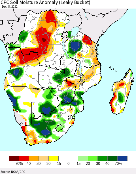 Southern Africa CPC Soil Moisture Anomaly (Leaky Bucket) Thematic Map For 12/1/2022 - 12/5/2022
