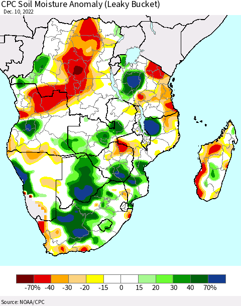 Southern Africa CPC Soil Moisture Anomaly (Leaky Bucket) Thematic Map For 12/6/2022 - 12/10/2022