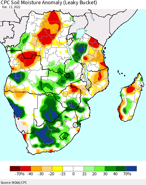 Southern Africa CPC Soil Moisture Anomaly (Leaky Bucket) Thematic Map For 12/11/2022 - 12/15/2022