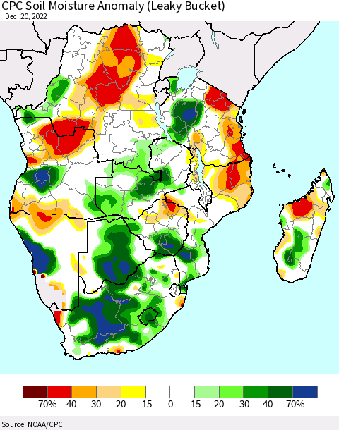 Southern Africa CPC Soil Moisture Anomaly (Leaky Bucket) Thematic Map For 12/16/2022 - 12/20/2022