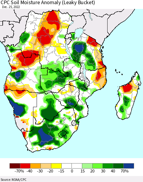 Southern Africa CPC Soil Moisture Anomaly (Leaky Bucket) Thematic Map For 12/21/2022 - 12/25/2022