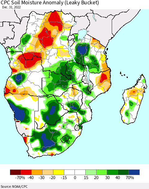 Southern Africa CPC Soil Moisture Anomaly (Leaky Bucket) Thematic Map For 12/26/2022 - 12/31/2022
