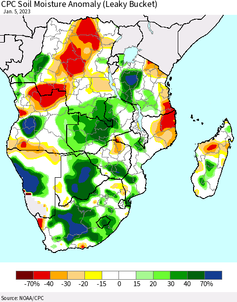 Southern Africa CPC Soil Moisture Anomaly (Leaky Bucket) Thematic Map For 1/1/2023 - 1/5/2023