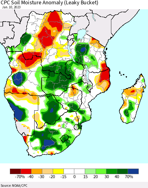 Southern Africa CPC Soil Moisture Anomaly (Leaky Bucket) Thematic Map For 1/6/2023 - 1/10/2023