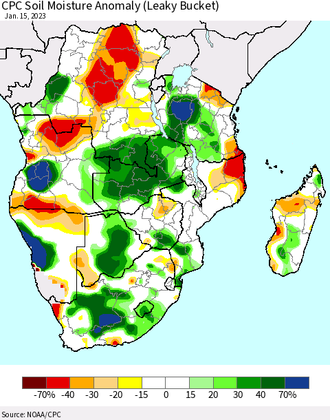 Southern Africa CPC Soil Moisture Anomaly (Leaky Bucket) Thematic Map For 1/11/2023 - 1/15/2023