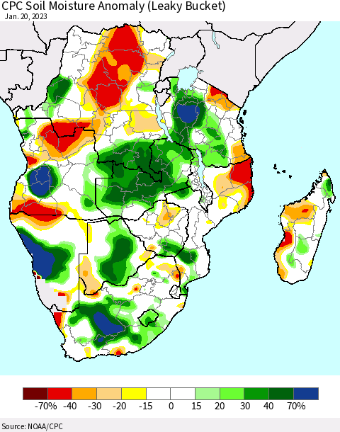 Southern Africa CPC Soil Moisture Anomaly (Leaky Bucket) Thematic Map For 1/16/2023 - 1/20/2023