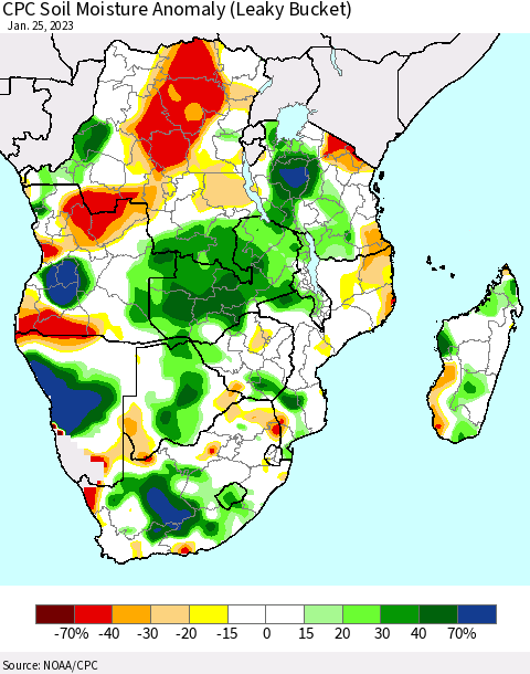 Southern Africa CPC Soil Moisture Anomaly (Leaky Bucket) Thematic Map For 1/21/2023 - 1/25/2023