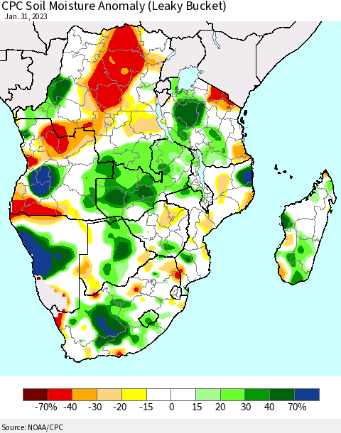 Southern Africa CPC Soil Moisture Anomaly (Leaky Bucket) Thematic Map For 1/26/2023 - 1/31/2023