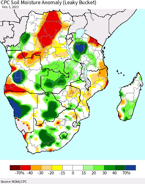 Southern Africa CPC Soil Moisture Anomaly (Leaky Bucket) Thematic Map For 2/1/2023 - 2/5/2023