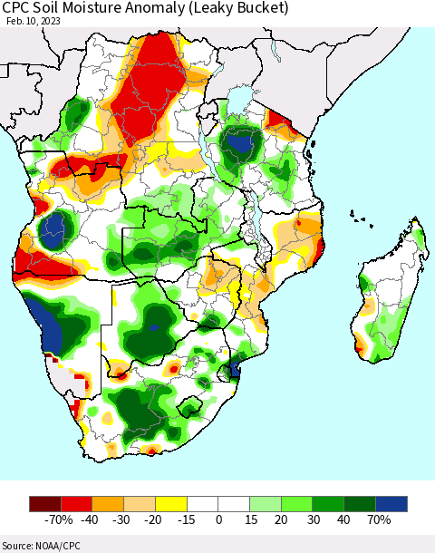Southern Africa CPC Soil Moisture Anomaly (Leaky Bucket) Thematic Map For 2/6/2023 - 2/10/2023