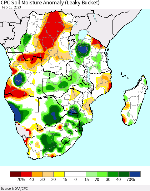 Southern Africa CPC Soil Moisture Anomaly (Leaky Bucket) Thematic Map For 2/11/2023 - 2/15/2023
