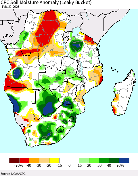 Southern Africa CPC Soil Moisture Anomaly (Leaky Bucket) Thematic Map For 2/16/2023 - 2/20/2023