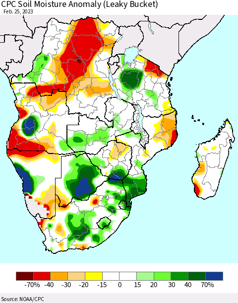Southern Africa CPC Soil Moisture Anomaly (Leaky Bucket) Thematic Map For 2/21/2023 - 2/25/2023