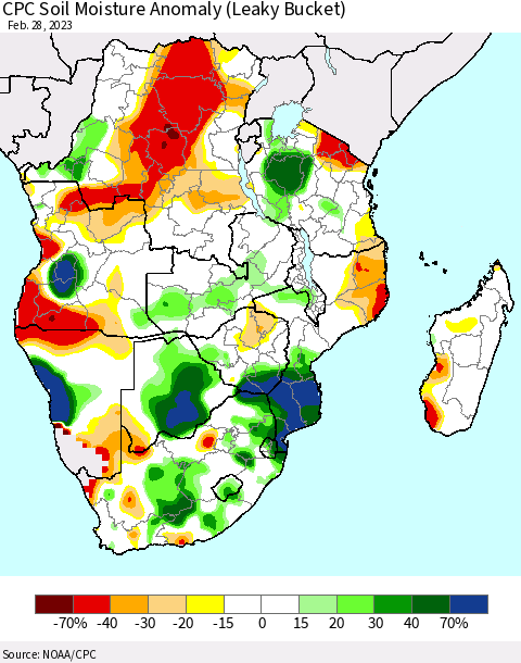 Southern Africa CPC Soil Moisture Anomaly (Leaky Bucket) Thematic Map For 2/26/2023 - 2/28/2023