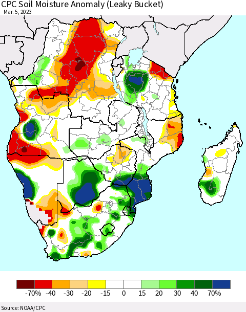 Southern Africa CPC Soil Moisture Anomaly (Leaky Bucket) Thematic Map For 3/1/2023 - 3/5/2023