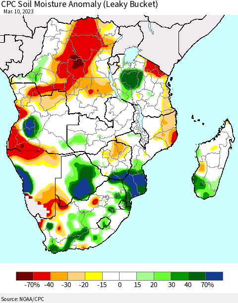 Southern Africa CPC Soil Moisture Anomaly (Leaky Bucket) Thematic Map For 3/6/2023 - 3/10/2023