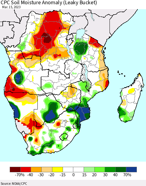 Southern Africa CPC Soil Moisture Anomaly (Leaky Bucket) Thematic Map For 3/11/2023 - 3/15/2023