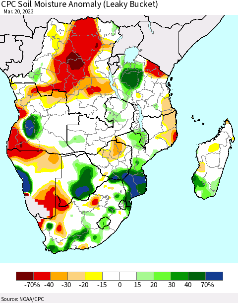 Southern Africa CPC Soil Moisture Anomaly (Leaky Bucket) Thematic Map For 3/16/2023 - 3/20/2023