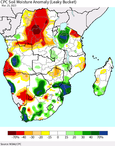 Southern Africa CPC Soil Moisture Anomaly (Leaky Bucket) Thematic Map For 3/21/2023 - 3/25/2023
